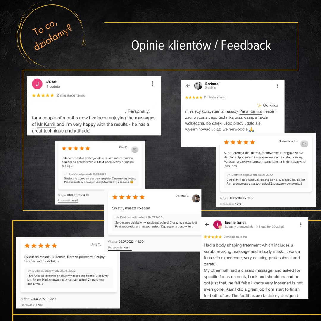 Zrzut ekranu z opiniami klientów o masażach od Pana Kamila, zawierający pozytywne recenzje z gwiazdkami i tekstami pochlebnymi, umieszczonymi na ciemnym tle.