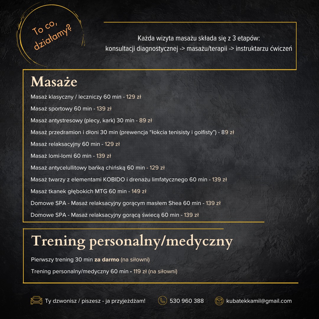 Cennik usług masażu i treningu personalnego z informacjami o cenach, czasie trwania i rodzajach masażu, takich jak klasyczny, sportowy, antycellulitowy, lomi-lomi, KOBIDO, a także o treningu...