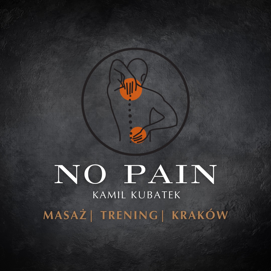 Graficzne logo: kontur sylwetki człowieka z zaznaczonymi punktami na plecach w kolorze pomarańczowym, tekst 'NO PAIN Kamil Kubatek MASAŻ | TRENING | KRAKÓW' na ciemnym, teksturowanym tle.