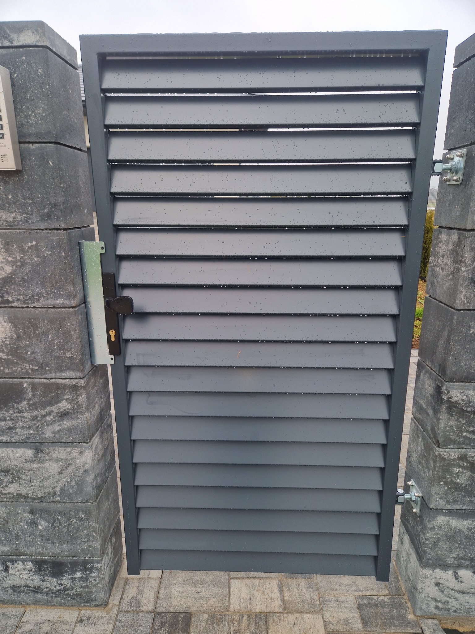 Nowoczesna brama wjazdowa lamelowa w kolorze grafitowym, zamontowana między betonowymi słupkami z widocznymi kroplami deszczu.