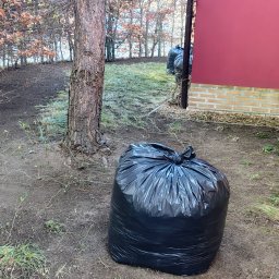 KSAL GREEN Pielęgnacja Ogrodów Kamil Kozioł - Worek z liśćmi na uprzątniętym terenie ogrodu, widoczne dwa budynki w tle. Przygotowanie terenu pod nasadzenia, sprzątanie po wycince.