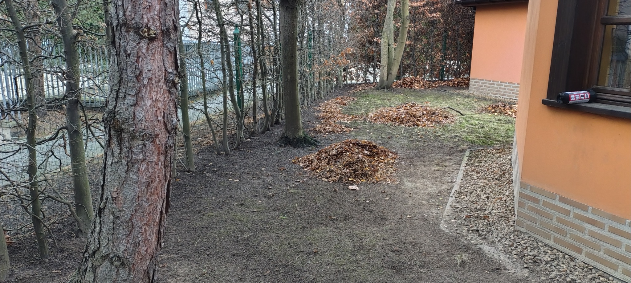 Jesienne porządki w ogrodzie w Nawojowej Górze: sterta zgrabionych liści na tle drzew i budynku. Sezonowe prace ogrodnicze.