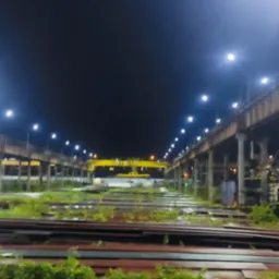 Nocny widok oświetlonej hali przemysłowej z suwnicą, z zewnątrz, z widocznymi stosami blach i roślinnością.