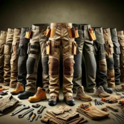 Prezentacja różnych modeli spodni roboczych z kieszeniami na narzędzia, w różnych kolorach i fasonach, uzupełnionych o buty robocze i narzędzia na podłodze.