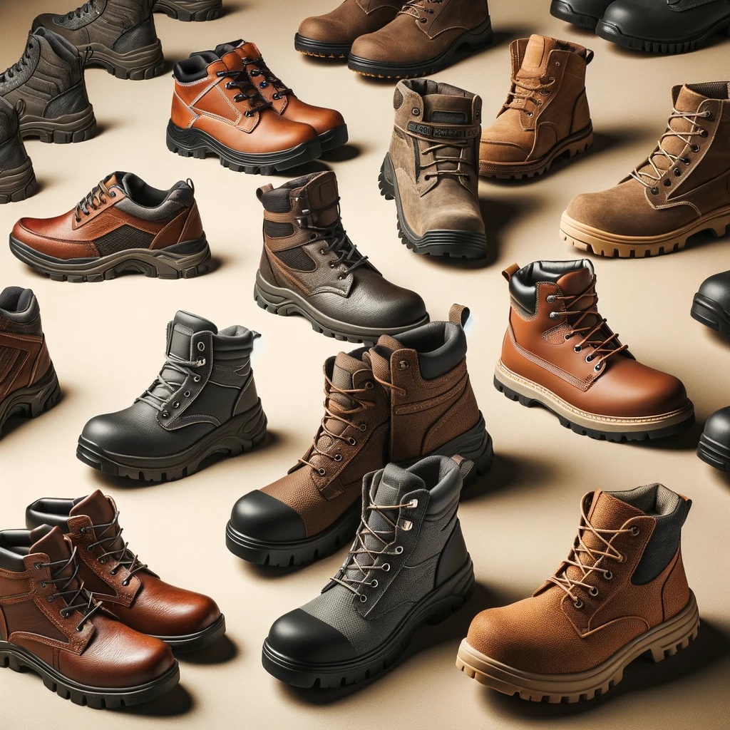 Kolekcja różnorodnych butów roboczych we Wrocławiu, prezentująca modele skórzane, zamszowe i tekstylne w odcieniach brązu, czerni i szarości na jednolitym tle.