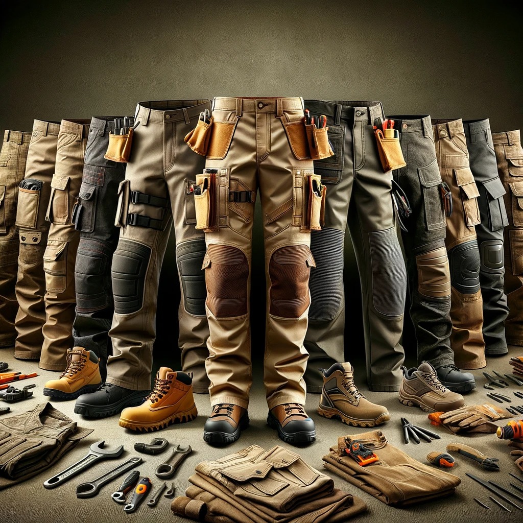 Prezentacja różnych modeli spodni roboczych z kieszeniami na narzędzia, w różnych kolorach i fasonach, uzupełnionych o buty robocze i narzędzia na podłodze.