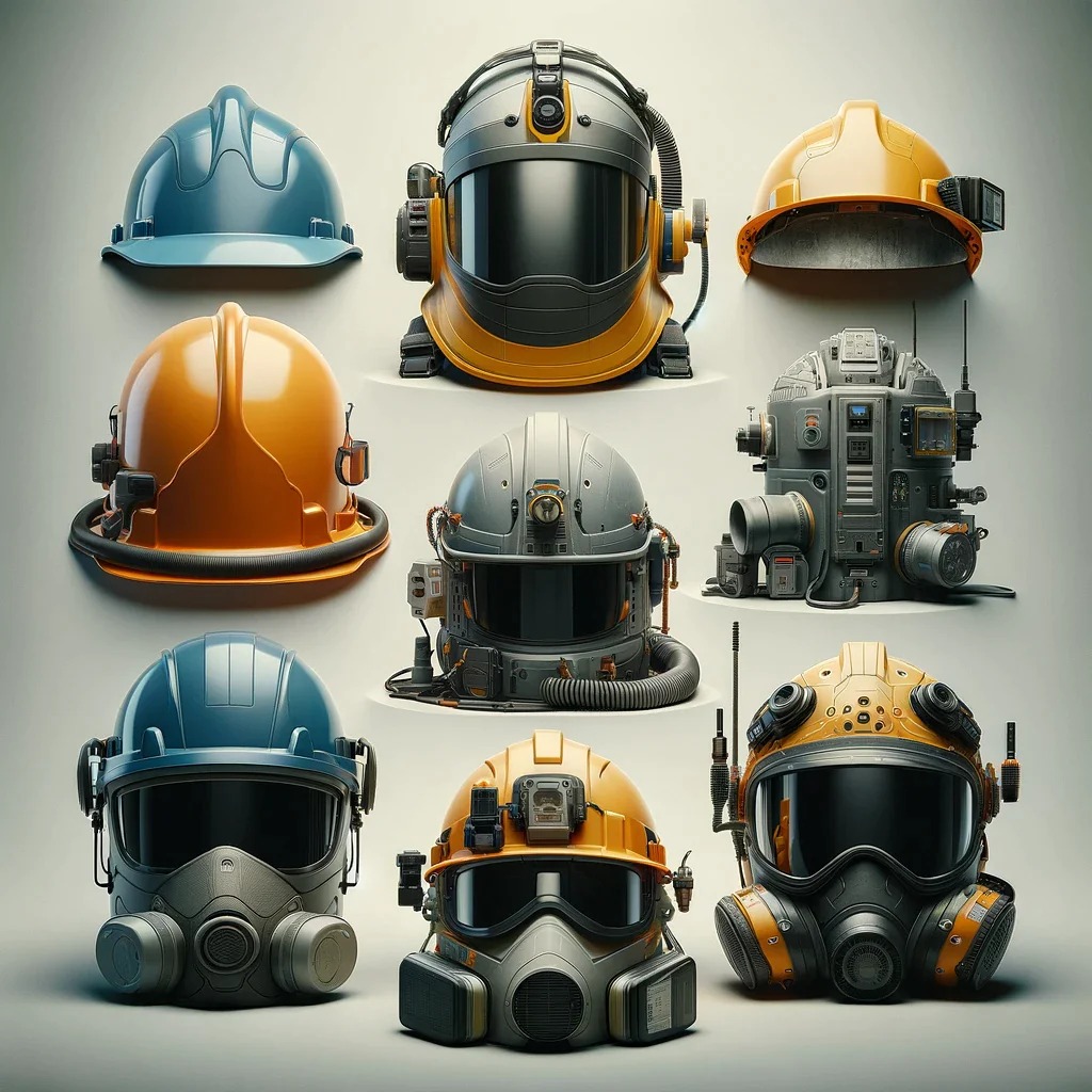 Kolekcja dziewięciu różnorodnych hełmów i masek ochronnych, w tym hełmy budowlane w kolorach niebieskim i pomarańczowym, zaawansowane hełmy z wizjerami i systemami oddechowym, a także futurystyczne...