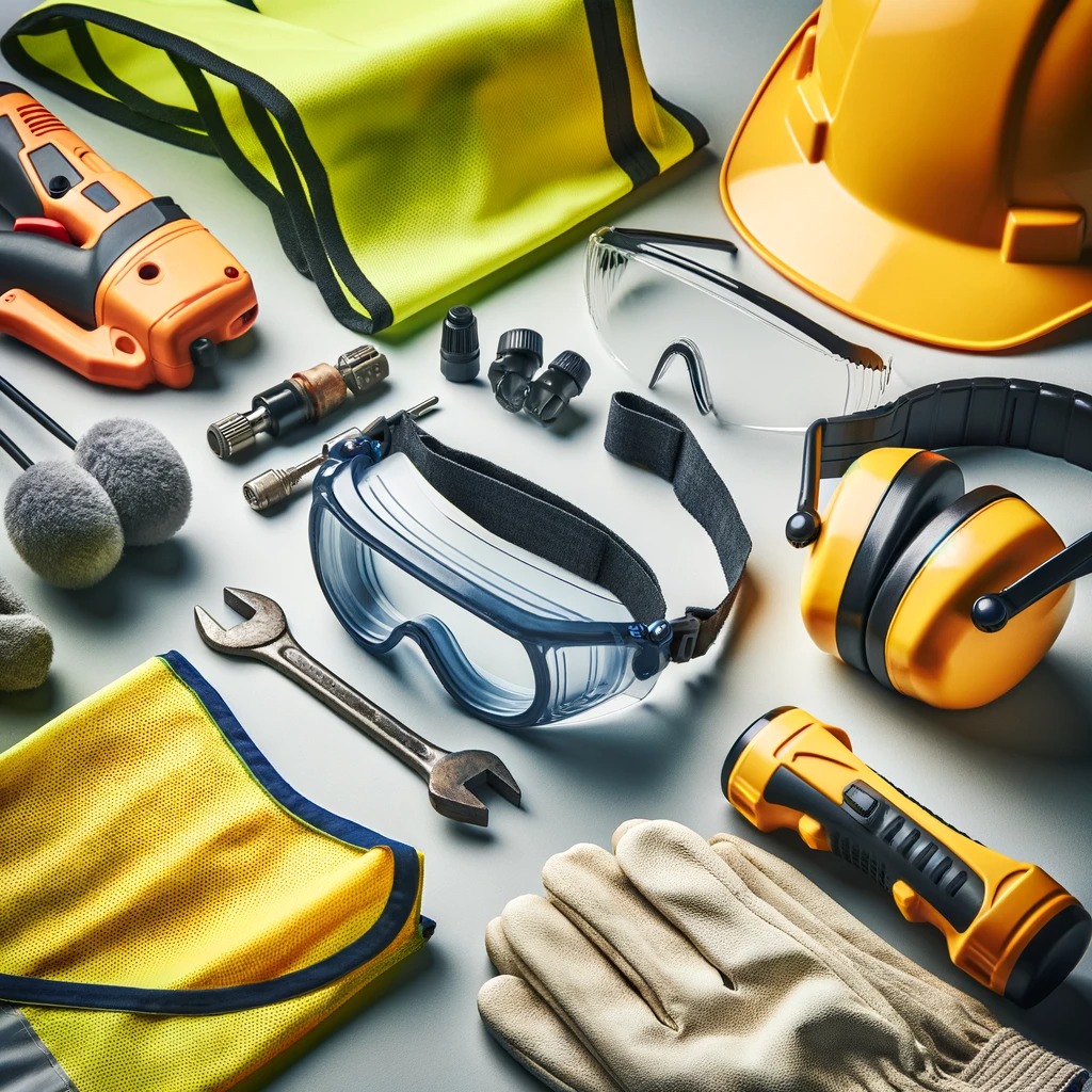 Zestaw narzędzi i akcesoriów BHP: żółta kamizelka odblaskowa, kask, okulary ochronne, nauszniki, rękawice robocze, klucz płaski, latarka i wiertarka akumulatorowa na jasnym tle.