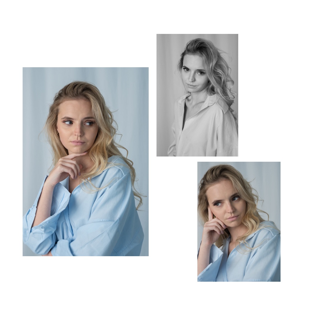 Portret kobiety w błękitnej koszuli, kolaż z trzema ujęciami: kolorowe zamyślone spojrzenie w lewo, czarno-białe ujęcie z góry i kolorowe ujęcie zamyślonego spojrzenia w prawo.