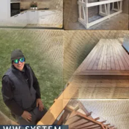 Mozaika zdjęć prezentująca różnorodne realizacje: nowoczesna kuchnia z białymi frontami i drewnianym blatem, szkielet drewnianej konstrukcji na tle ceglanej ściany, fragment drewnianego tarasu...