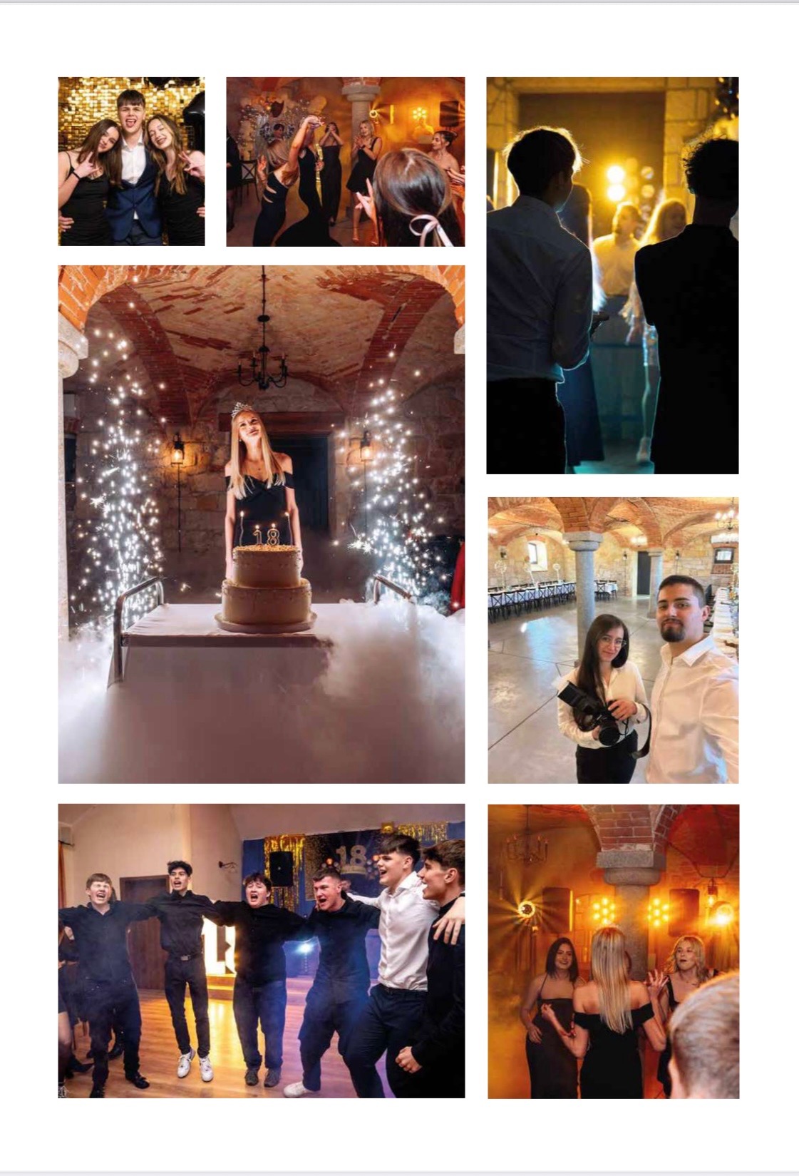 Kolaż zdjęć z osiemnastki: tort z fontannami iskier, tańczący goście, fotografowie z aparatem, uśmiechnięci ludzie. Ciepłe oświetlenie, ceglane ściany w tle.