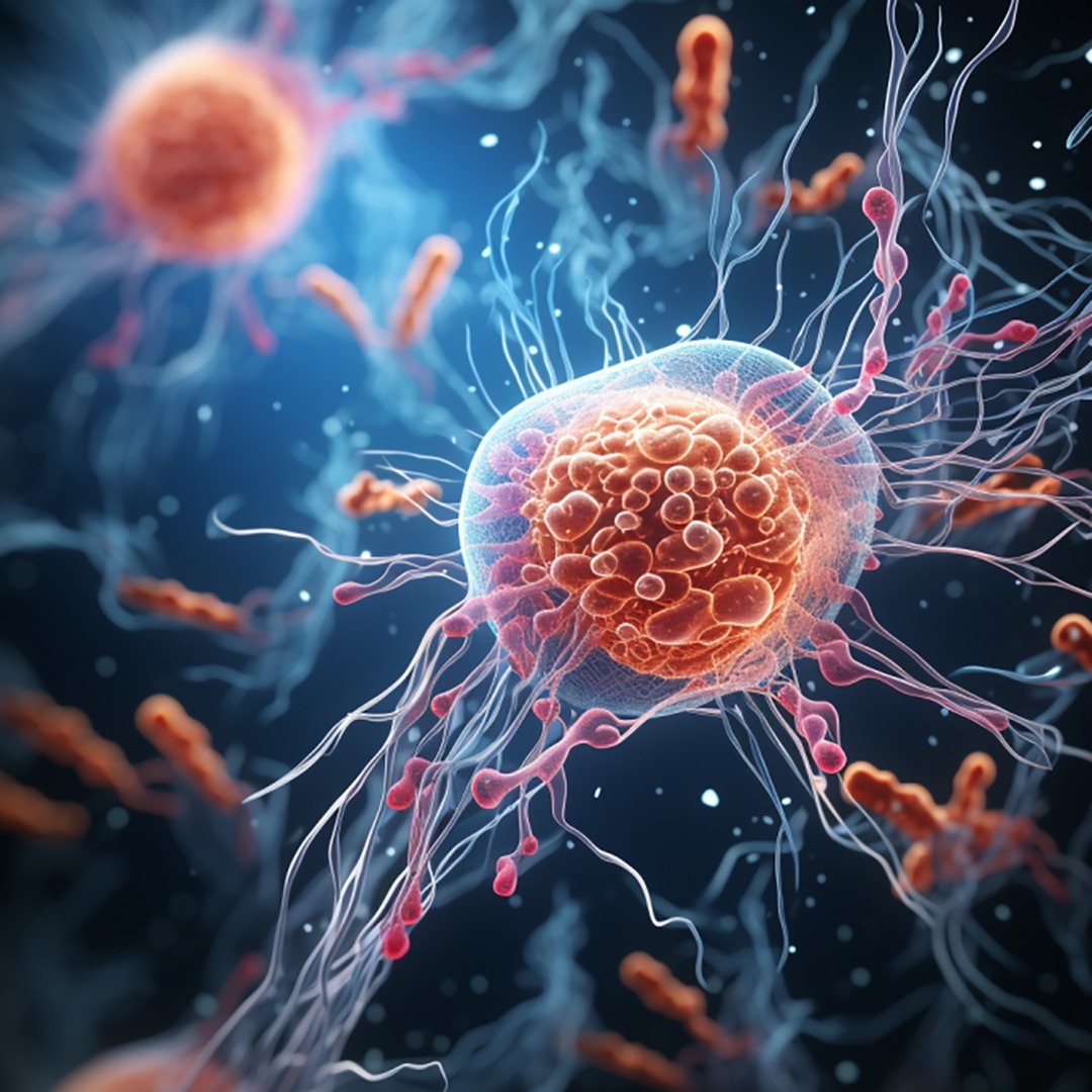 Ilustracja mikroskopowa komórek z wypustkami, w odcieniach pomarańczy i błękitu, unoszących się w ciemnym środowisku. Wizualizacja na potrzeby dezynsekcji.