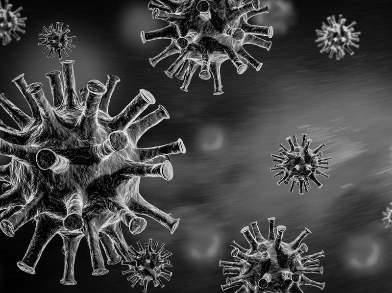 Czarno-biała grafika 3D przedstawia unoszące się w przestrzeni wirusy z charakterystycznymi wypustkami, sugerujące dezynfekcję.