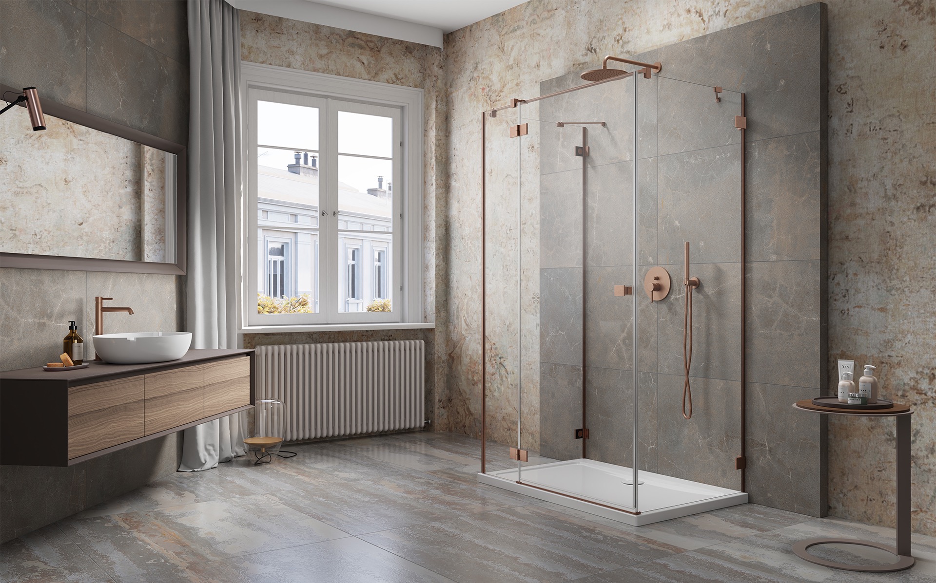 Nowoczesna łazienka z przeszkloną kabiną prysznicową, umywalką nablatową na szafce z drewnianymi frontami, grzejnikiem żeberkowym pod oknem i marmurowymi płytkami na ścianach i podłodze...