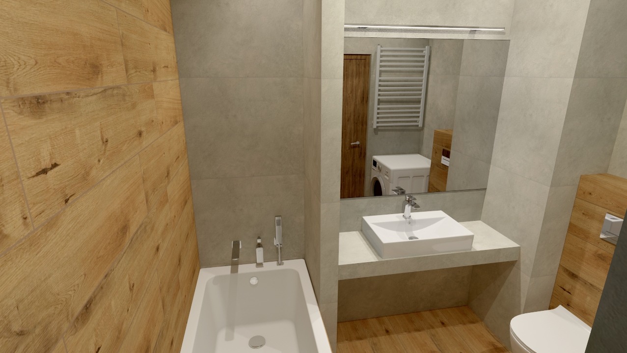 Wizualizacja nowoczesnej łazienki z drewnopodobnymi płytkami na ścianie, białą wanną, umywalką na blacie, toaletą i grzejnikiem drabinkowym widocznym w lustrze.
