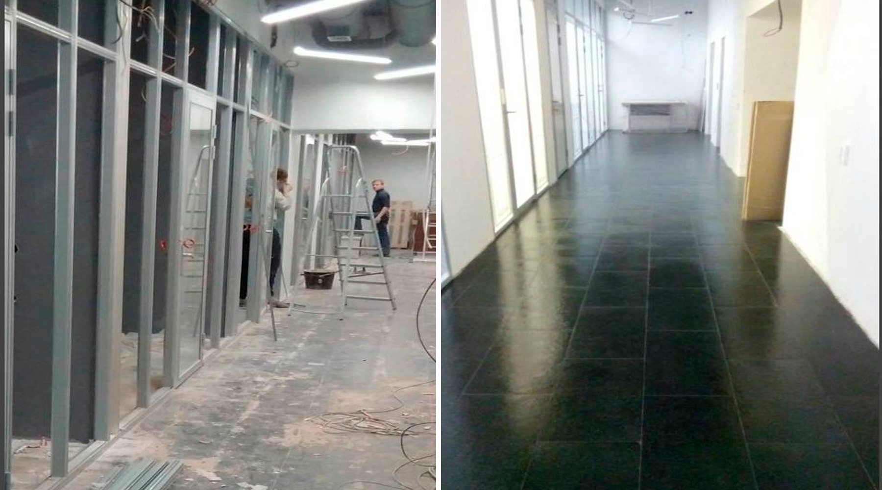 Porównanie stanu przed i po: surowa konstrukcja ścian działowych z metalowych profili i drabina na tle nieoczyszczonej podłogi, zestawione z widokiem długiego korytarza z ciemną, błyszczącą podłogą...