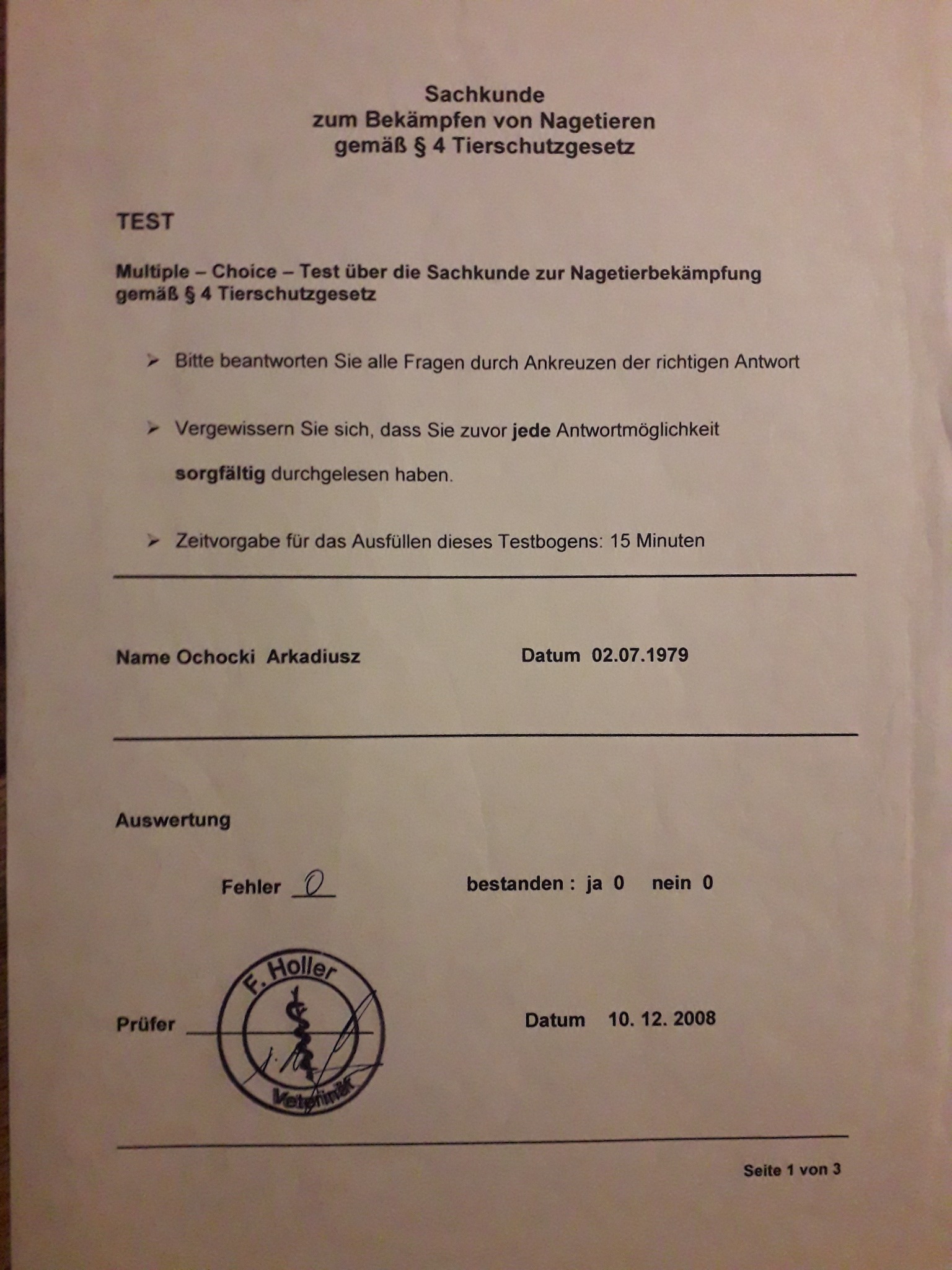Skan dokumentu Sachkunde zum Bekämpfen von Nagetieren, czyli świadectwa wiedzy specjalistycznej w zakresie zwalczania gryzoni, z pieczątką i datą 10.12.2008.