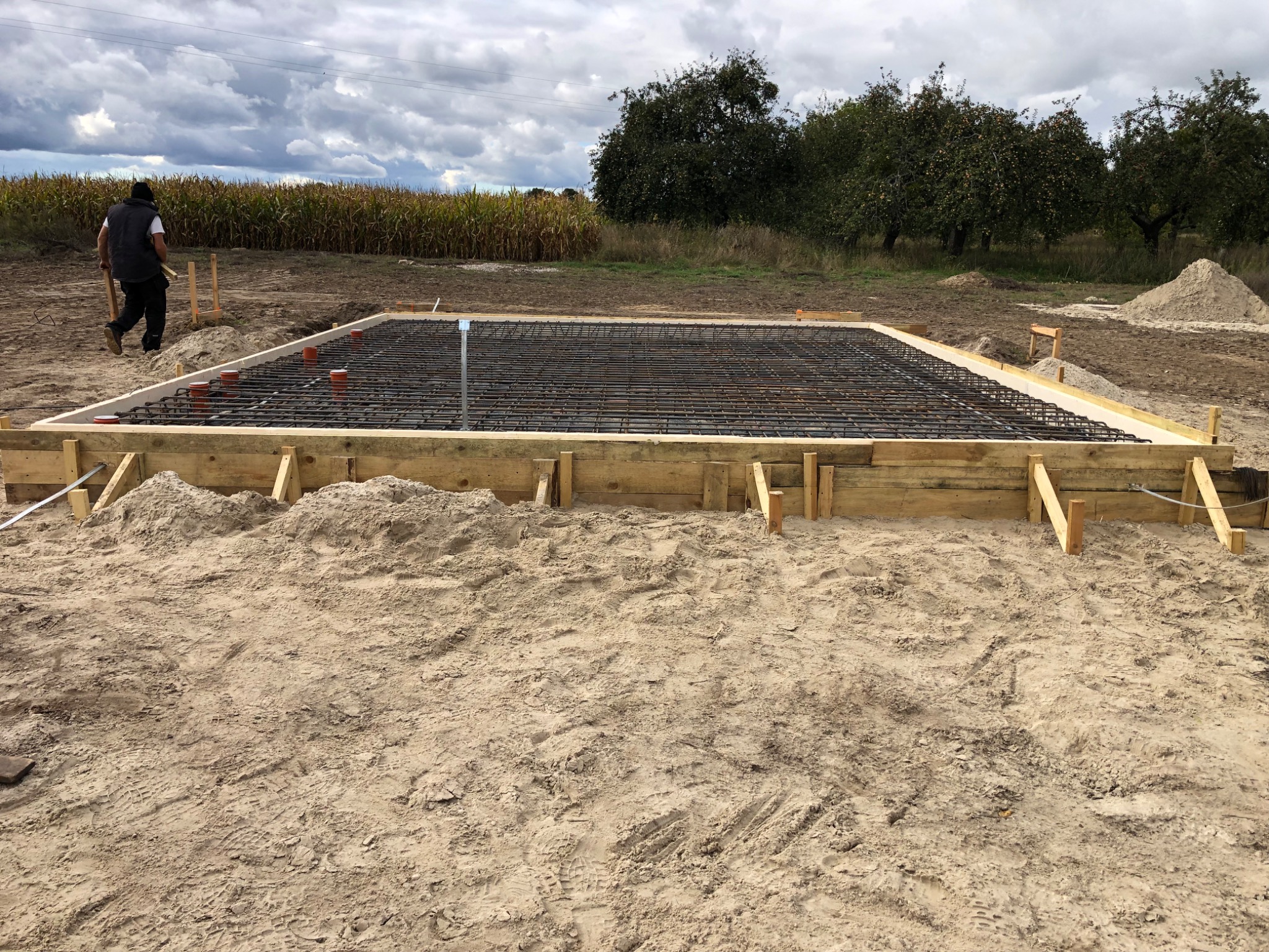 Zbrojenie fundamentu w drewnianym szalunku, widoczny pracownik w oddali, pole kukurydzy i drzewa w tle.