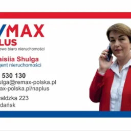 Wizytówka Taisiia Shulga, agenta nieruchomości RE/MAX, z numerem telefonu, adresem email i adresem biura w Gdańsku.