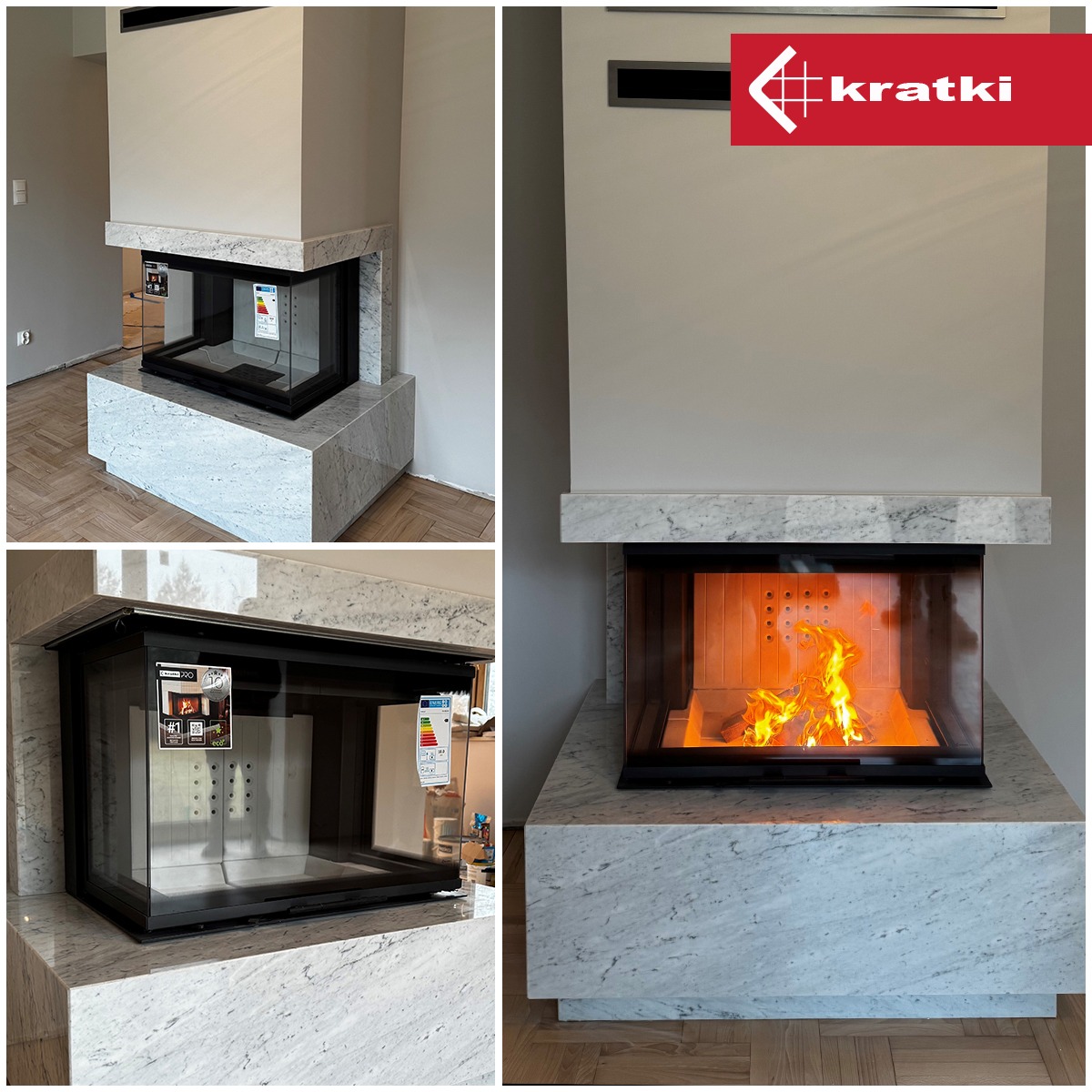 Nowoczesny narożny wkład kominkowy z szybą panoramiczną, obudowany białym marmurem, z widocznym płomieniem i naklejkami informacyjnymi na szybie, prezentowany w trzech ujęciach.