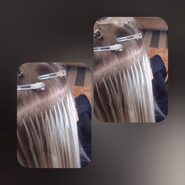 Przedłużanie włosów metodą micro ring, widoczne metalowe obrączki mocujące pasma, spinki podtrzymujące włosy na głowie, ujęcie z bliska.