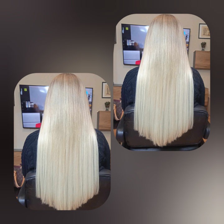 Dwa ujęcia z tyłu prezentujące długie, proste, platynowe włosy po koloryzacji i strzyżeniu, z widocznym telewizorem w tle.