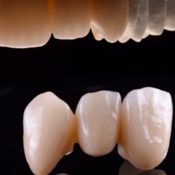 SUNDENT - Ceramiczny most protetyczny z trzema zębami, widoczny na tle modelu gipsowego szczęki, ukazujący precyzję wykonania i estetykę uzupełnienia.