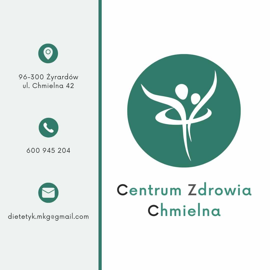 Wizytówka Centrum Zdrowia Chmielna z adresem, numerem telefonu, adresem email i logo przedstawiającym stylizowaną postać ludzką w zielonym okręgu.