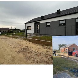 GENX SERVICES - Montaż ogrodzenia panelowego przy nowym domu z szarą elewacją, widoczny fragment starego domu w tle na doklejonym zdjęciu.