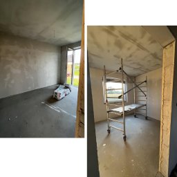 GENX SERVICES - Dwa ujęcia wnętrza w trakcie prac wykończeniowych: po lewej surowy pokój z workami materiału na podłodze, po prawej pokój ze ścianami po wstępnym wykończeniu i rozstawionym rusztowaniem.