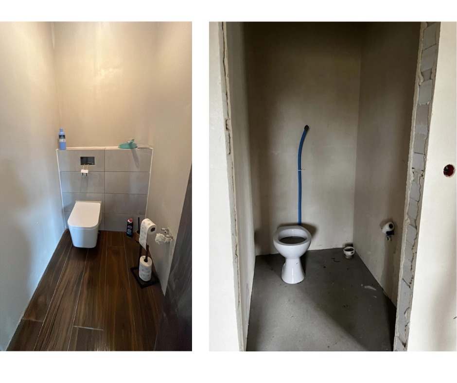 Dwa ujęcia tej samej toalety: po lewej wykończona z podwieszaną miską WC, szarą zabudową, drewnopodobną podłogą i akcesoriami; po prawej surowa, w trakcie remontu, z widoczną instalacją i betonową...