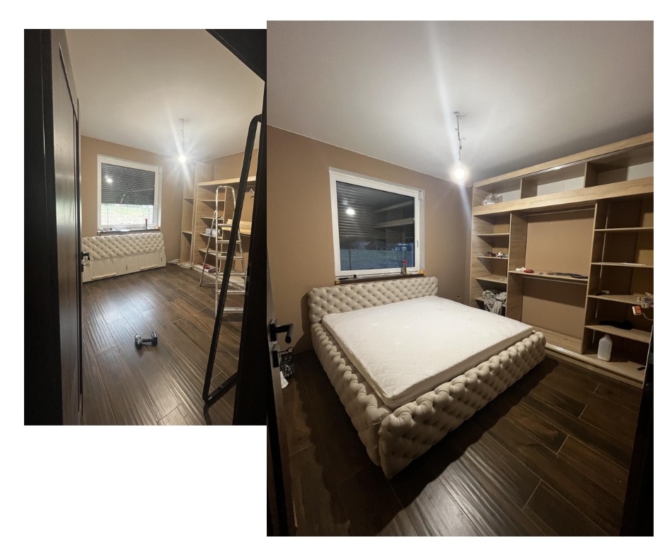 Pokój w trakcie remontu, z widocznym łóżkiem z tapicerowanym wezgłowiem, szafą w zabudowie oraz drabinką malarską, na podłodze leży wiertarka, ściany pomalowane na brązowo.