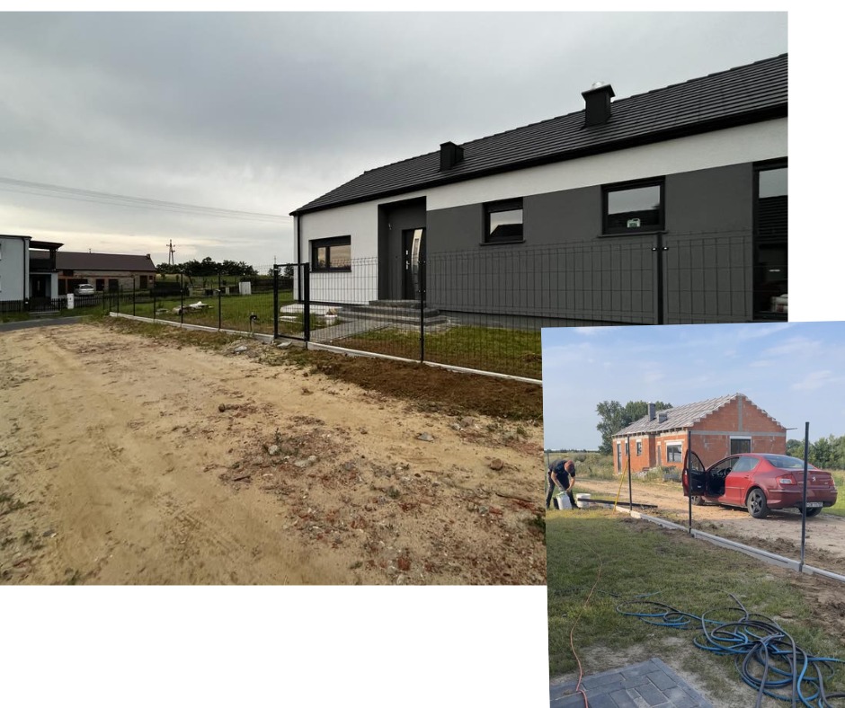 Montaż ogrodzenia panelowego przy nowym domu z szarą elewacją, widoczny fragment starego domu w tle na doklejonym zdjęciu.