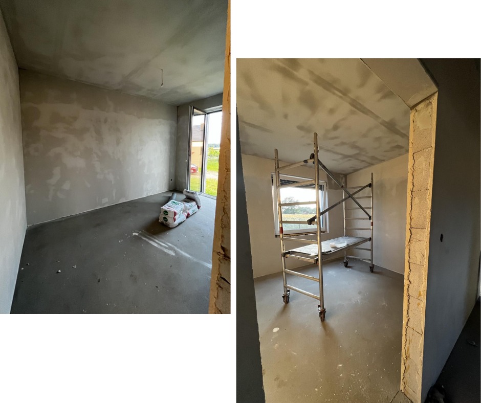 Dwa ujęcia wnętrza w trakcie prac wykończeniowych: po lewej surowy pokój z workami materiału na podłodze, po prawej pokój ze ścianami po wstępnym wykończeniu i rozstawionym rusztowaniem.