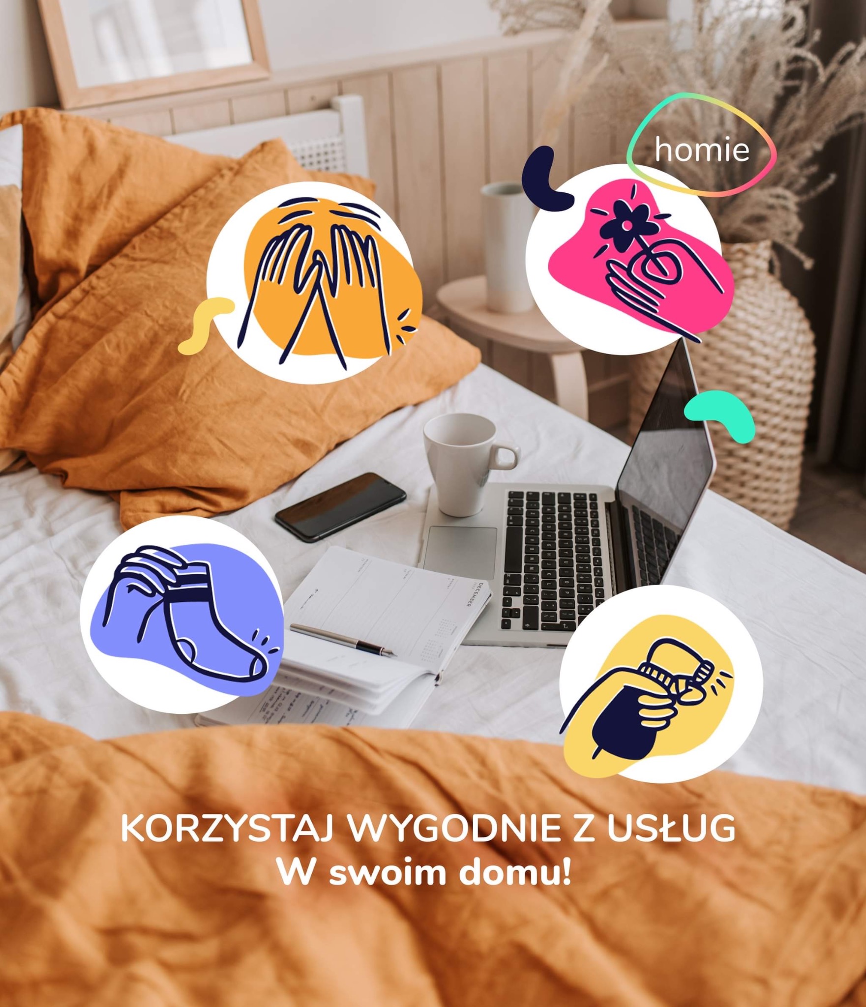 Aranżacja domowego biura na łóżku z laptopem, kalendarzem i kubkiem, wzbogacona o graficzne ikony sugerujące usługi domowe.