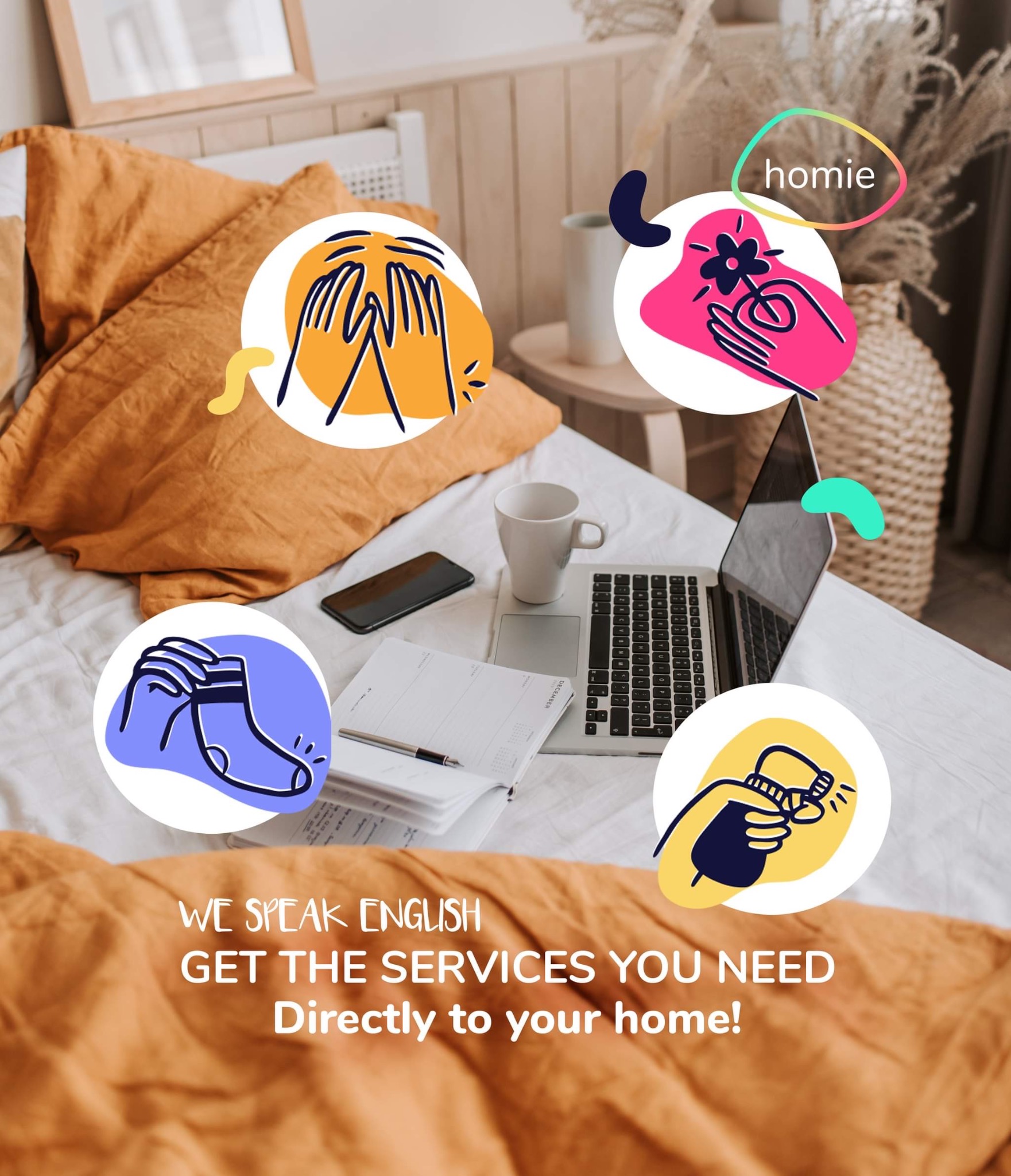 Aranżacja sypialni z laptopem, telefonem, notatnikiem i kubkiem na łóżku, wzbogacona o graficzne nakładki z hasłami reklamowymi usług domowych.