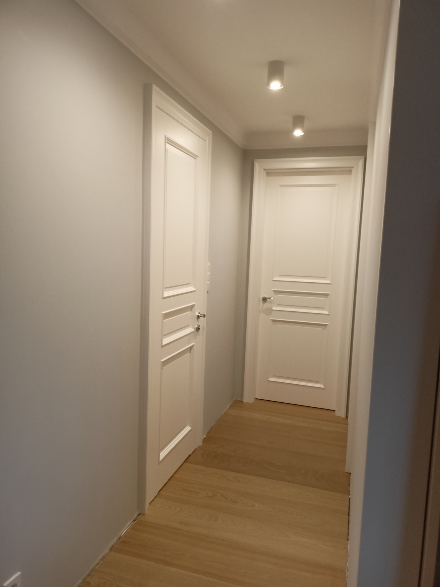 Korytarz z dwiema białymi, panelowymi drzwiami i drewnianą podłogą, oświetlony punktowymi lampami sufitowymi.