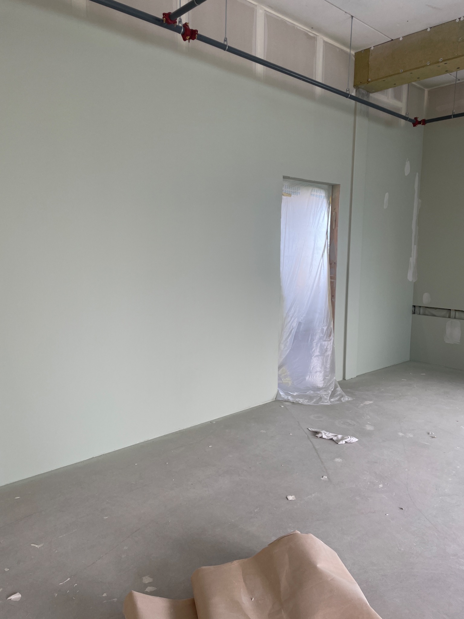 Wnętrze w trakcie prac wykończeniowych: ściany w jasnym odcieniu zieleni po nałożeniu gładzi, zabezpieczone folią drzwi, rury pod sufitem z czerwonymi elementami, fragment podłogi z resztkami...