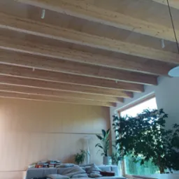 Drewniany strop belkowy z widocznymi instalacjami, wykończony płytami drewnopochodnymi, w jasnym wnętrzu z roślinami doniczkowymi i oknem.