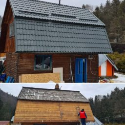 Burcea dominic - Porównanie dachu drewnianego domu przed i po renowacji: stara, zniszczona konstrukcja z eternitu kontra nowy, ciemnoszary dach z blachodachówki.