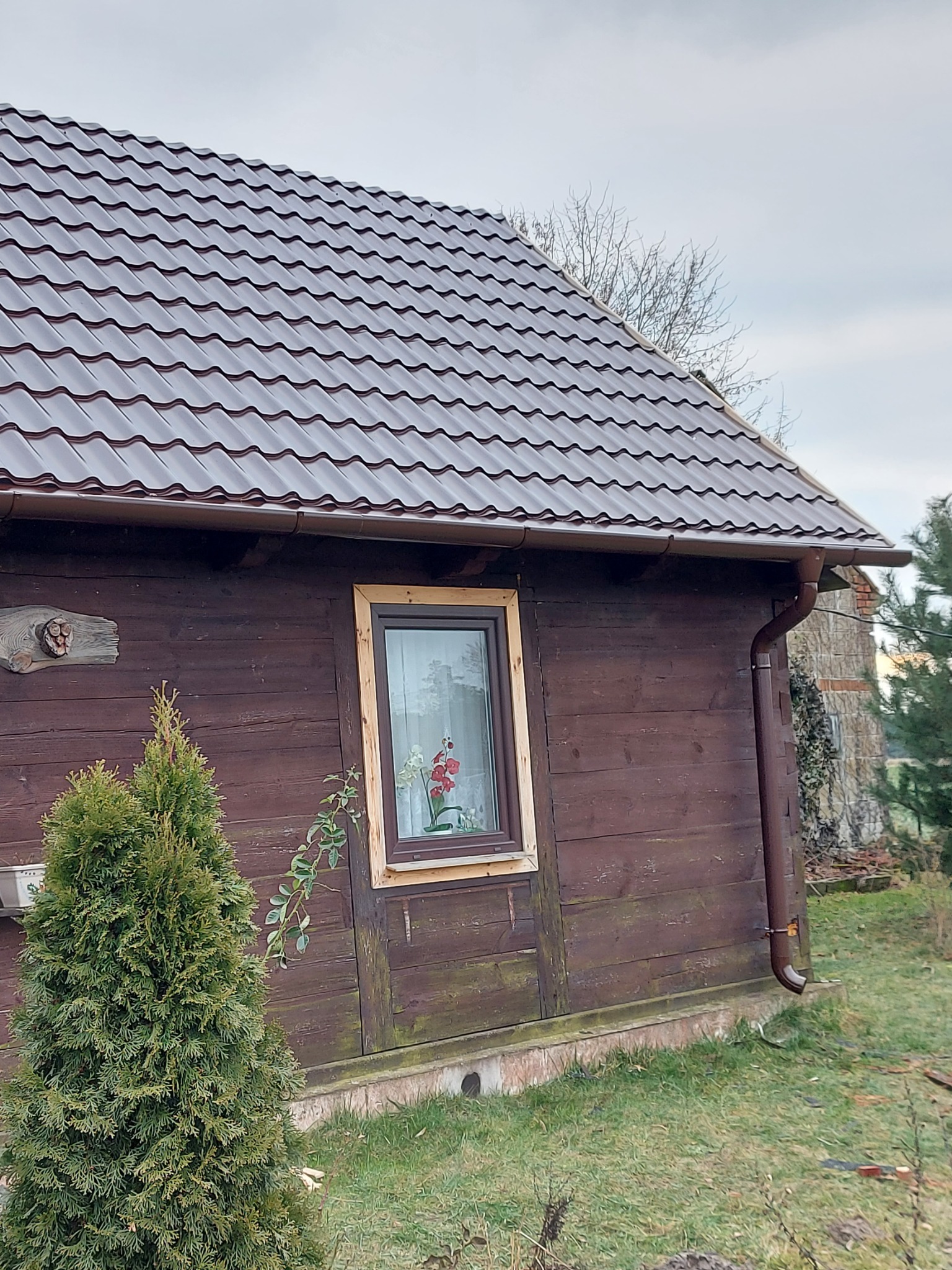 Brązowy, blaszany dach po renowacji, z nowymi rynnami, na tle drewnianego domu w Łodzi, widoczne także okno z kwiatami i tuja.