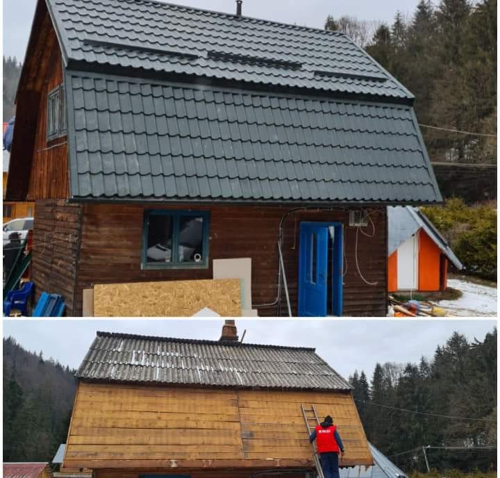 Porównanie dachu drewnianego domu przed i po renowacji: stara, zniszczona konstrukcja z eternitu kontra nowy, ciemnoszary dach z blachodachówki.