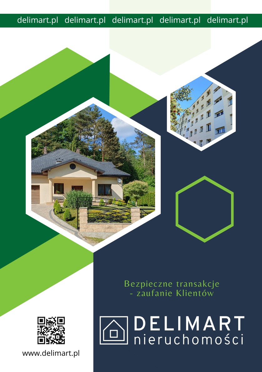Folder reklamowy agencji nieruchomości Delimart z wizualizacjami domu jednorodzinnego z ogrodem i bloku mieszkalnego w tle.
