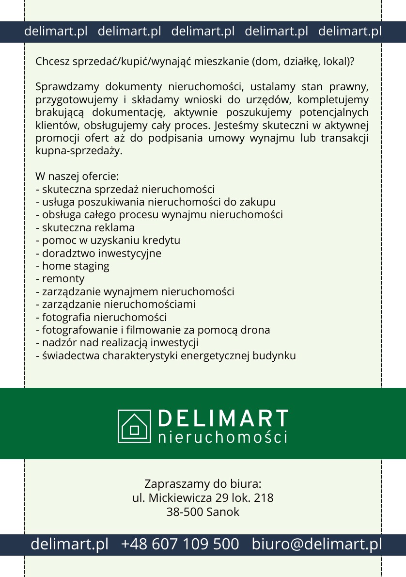 Ogłoszenie agencji nieruchomości Delimart z ofertą sprzedaży, kupna i wynajmu mieszkań, domów i działek, informujące o sprawdzaniu dokumentów, ustalaniu stanu prawnego i obsłudze całego procesu...