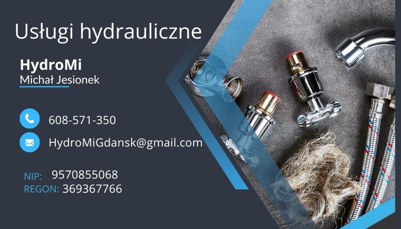 Wizytówka firmy hydraulicznej HydroMi z danymi kontaktowymi na tle armatury, wężyków i pakuł hydraulicznych.