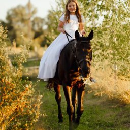 Paulina Rasińska Fotografia - Dziewczynka w białej sukience na ciemnym koniu, na tle zieleni i drzew w ciepłym świetle. Ujęcie z dołu, podkreślające dynamikę i bliskość z naturą.