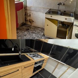 Adnel - Fotografia przedstawia metamorfozę kuchni: górna część ukazuje starą, zniszczoną kuchnię z odpadającą farbą i brudnymi płytkami, dolna część prezentuje nową, nowoczesną kuchnię z czarnymi płytkami,...