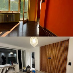 Adnel - Porównanie pokoju przed i po: od ciemnego parkietu i pomarańczowych ścian do jasnych paneli podłogowych i ściany z drewnianymi lamelami.