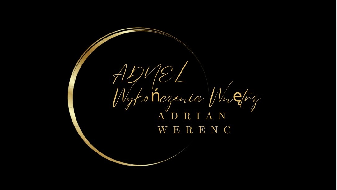 Eleganckie logo firmy 'ADMEL Wykończenia Wnętrz Adrian Werenc' z Koszalina, złote napisy na czarnym tle, otoczone złotym okręgiem.