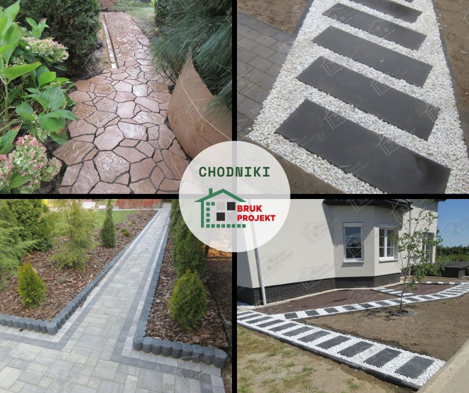 Mozaika chodników z różnych materiałów: nieregularne płyty kamienne, prostokątne płyty na białym żwirze, szara kostka z obrzeżem z palisady, płyty z białym żwirem przy budynku.